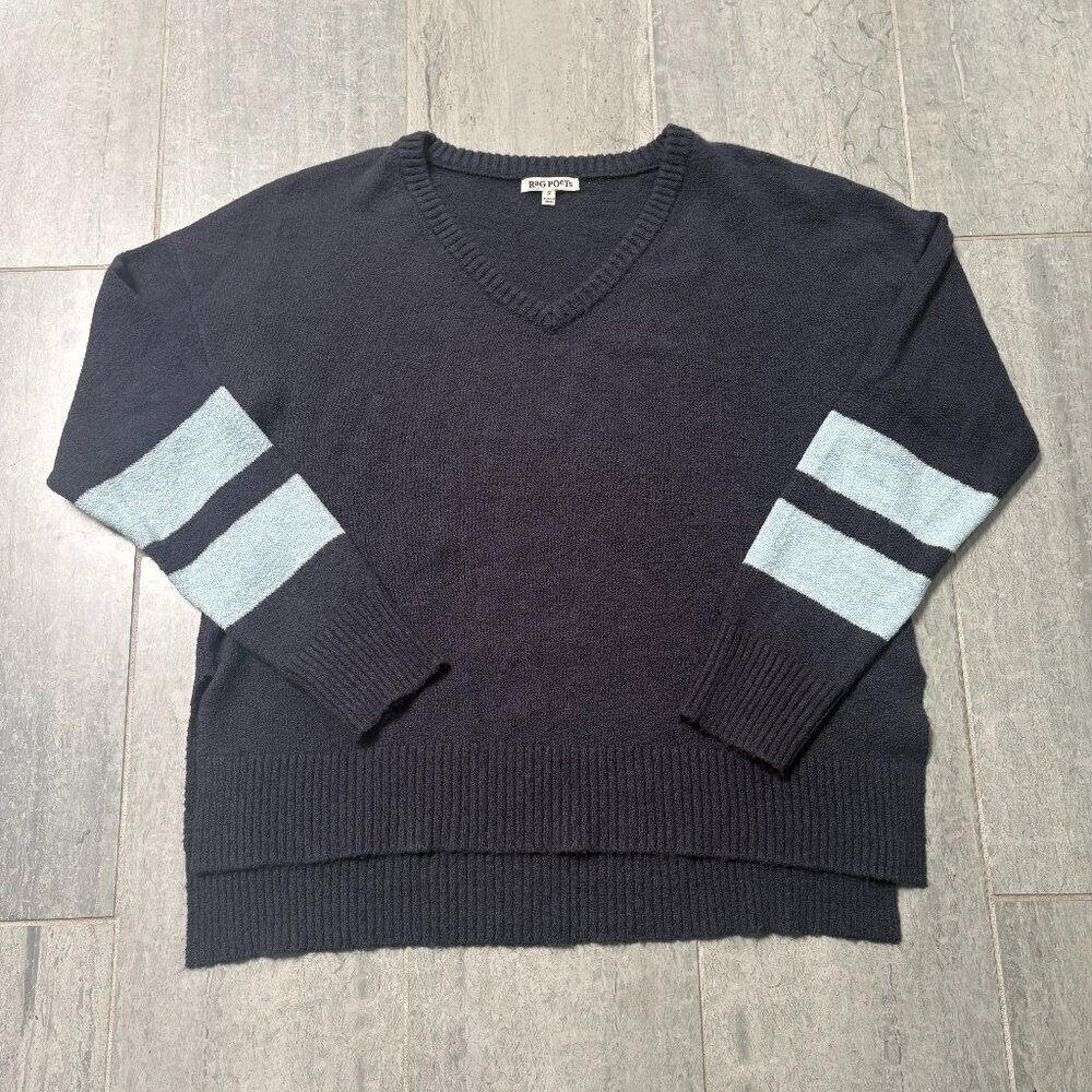 Rag Poets V-Neck High-Low Varsity Striped Oversized Sweater Navy Blue Size Small